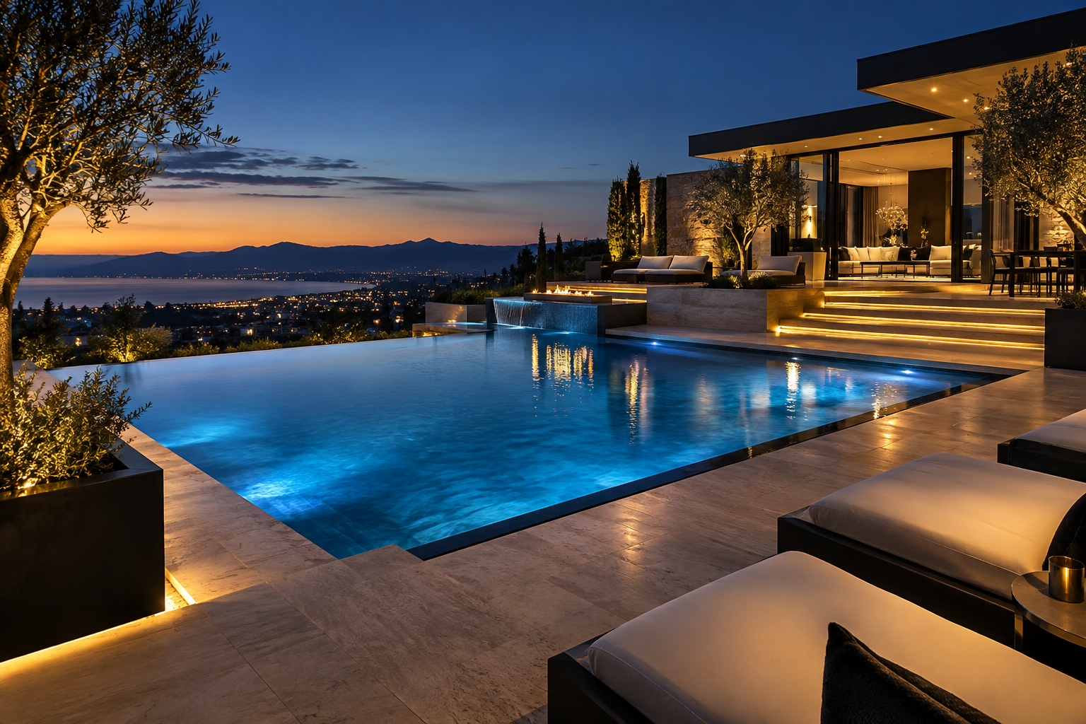 Design concept of a luxury pool with blue underwater lighting and warm illuminated terrace edges